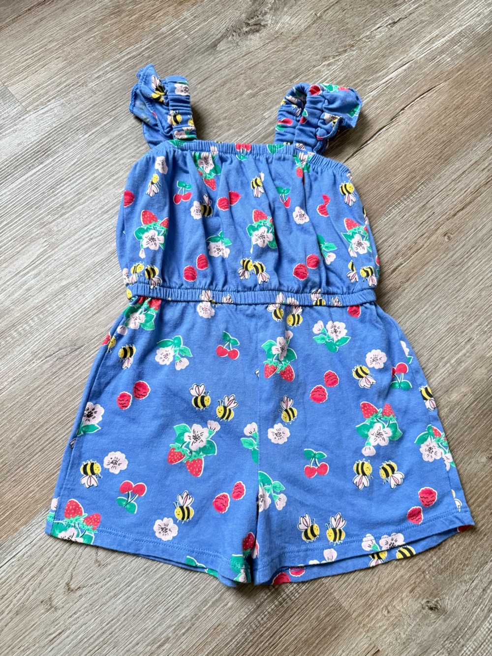 Old Navy Blue Floral Strawberry Bee Print Girls Romper Outfit Size 4T